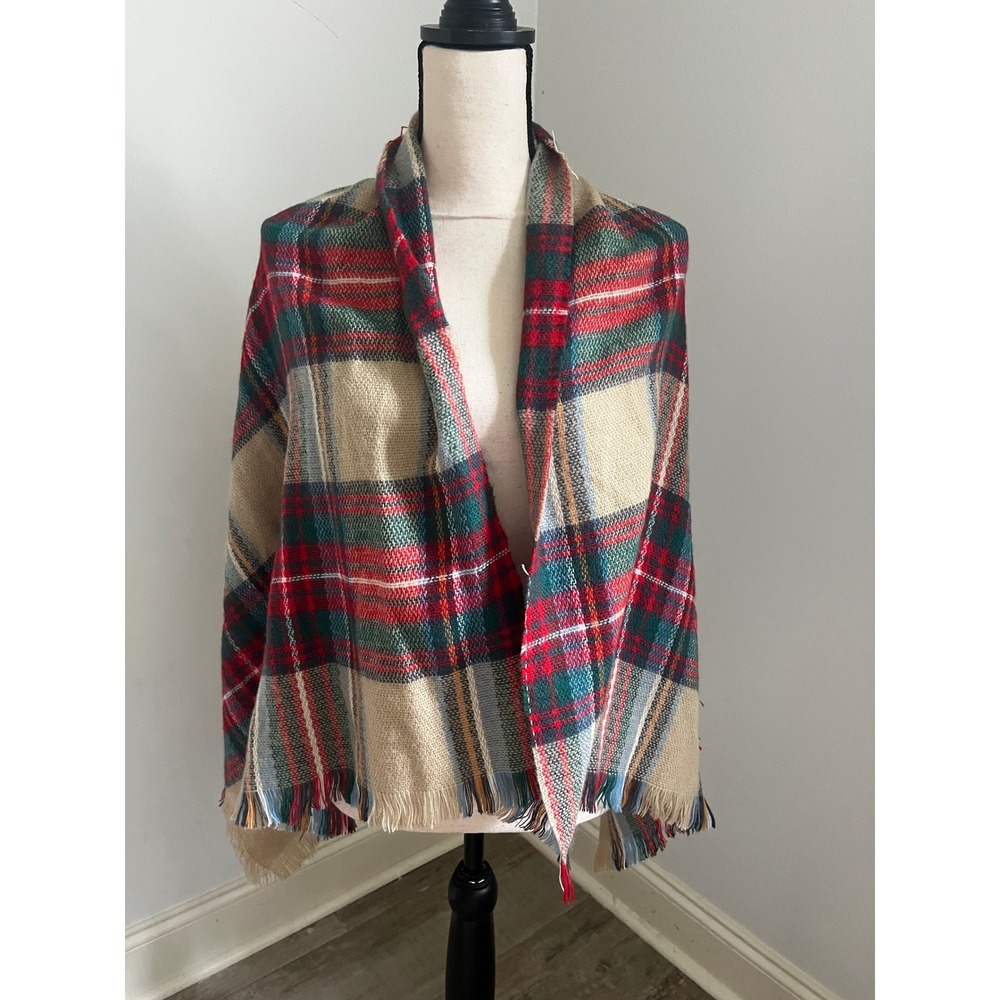 Oversized Plaid Blanket Scarf Red Green Tan Tartan Fringe Shawl Holiday Cabin - Picture 3 of 5